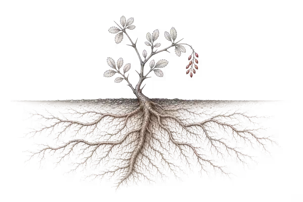 Botanical illustration of Berberis vulgaris (common barberry). Above a horizontal soil line, paired oval spiny-toothed leaves and a small drooping cluster of red berries on a slender stem. Below the soil line, a dense fanned fibrous root system radiates outward: the part of the plant where berberine concentrates.